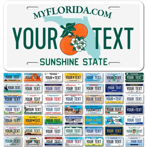 PRICES MAY VARY. Customize It - Create the perfect personal gift and novelty item by choosing from a huge selection of backgrounds to customize your very own custom sign. Easy customization for high durability product. HIGH DURABILITY- American-made with high-quality materials, inks, and sheeting to ensure long-lasting durability and sharp lettering and imaging on custom signs. 100% rust-free aluminum used for long-lasting wear indoors or outdoors. PROFESSIONALLY MADE - Produced in a factory tha Fake License, Florida License Plate, Novelty Decor, Packaging Machinery, Safety Inspection, State Signs, Personalized License Plates, Car Signs, Custom License Plate