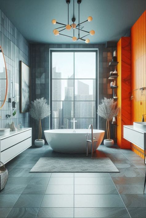 Invigorate your senses with this energizing orange and cool grey contrast. A perfect balance of warm and cool tones. #EnergizingBathroom #OrangeAndGrey Orange And Grey Bathroom Ideas, Orange And Grey Bathroom, Grey Bathroom Ideas, Monochromatic Bathroom, Bathroom Color Schemes, Grey Bathroom, Bathroom Color, Grey Bathrooms, Cool Tones