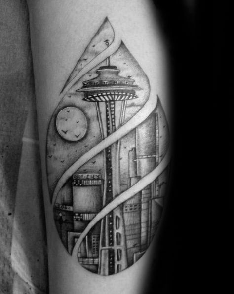 Negative Space Male Seattle Skyline Arm Tattoos Seattle Skyline Tattoo, Genius Tattoo, Eddie Martinez, Skyline Tattoo, State Tattoos, Seattle Tattoo, Tattoo White, White Ink Tattoo, Original Tattoos