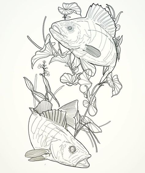 Fishing Tattoo Stencil, Perch Tattoo, School Of Fish Tattoo, Fishing Drawing, Perch Fish, Fishing Tattoo, Animal Line Drawings, Perch Fishing, Tattoo Stencil Outline