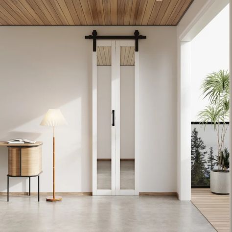 HOZONE Mirrored Glass Bi-Fold Barn Door Sliding Single Barn Door with Installation Hardware Kit | Wayfair Mirrored Folding Doors, Barn Sliding Door With Mirror, Interior Barn Doors With Mirror, Mirror Barn Closet Door, Barn Door Not Sliding, Mirror Barn Door Kit, Mirror On A Barn Door, Bathroom Barn Door Frosted, Barn Door Bathroom White