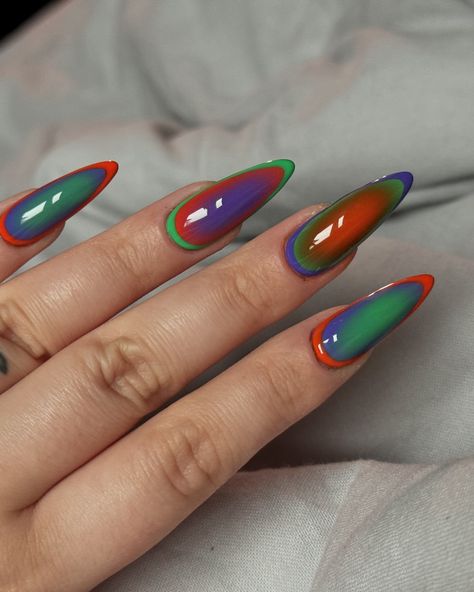 a rare nailfie moment! nail techs need nail days too and i'm honestly obsessed with this look!!! IMAGINE THE POSSIBILITIES 😭 pastel perhaps? @gelcare.official kelly green @apresnailofficial juzi orange & eggplant emoji, sculpted almond long (MY BELOVED<3) #gelx #auranails #nailart Green And Orange Nails, Eggplant Emoji, Lilac And Green, Lilac Nails, Fancy Nails Designs, Orange Nails, Fancy Nails, Nails Designs, Green Nails