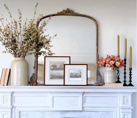 Mirror Mantle Decor, Everyday Mantle Decor, Mantle Decor With Mirror, Above Fireplace Decor, Farmhouse Mantle Decor, Magnolia Decor, Fall Porch Ideas, Mirror Decor Ideas, Piano Decor