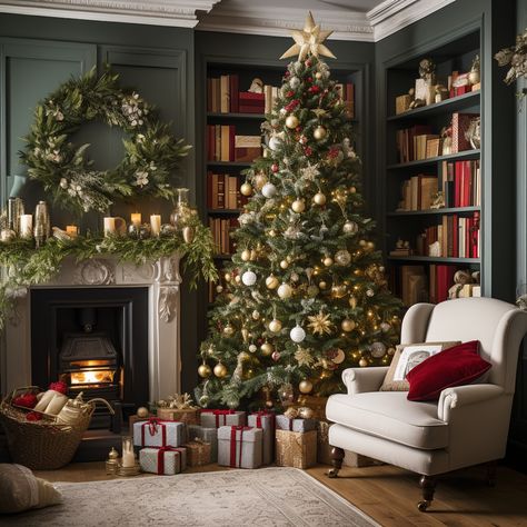 Christmas Tree Corner Decor, Christmas Tree Living Room Layout, Christmas Tree Bay Window, Christmas Corner, 2 Christmas Trees In Living Room, Small Cottage Living Room Ideas, Southern Christmas Decorations, Small Cottage Living Room, Dark Green Living Room