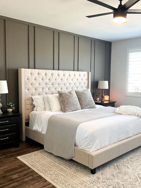 Upholstered Headboard Farmhouse Master Bedrooms, Primary Bedroom Platform Bed, Beige Fabric Headboard Bedroom Ideas, Beige Apolstered Bed Decor, Bed Frames Upholstered, High Upholstered Headboard, Beige King Bed Decor, Tufted King Bed Frame, Beige King Upholstered Bed