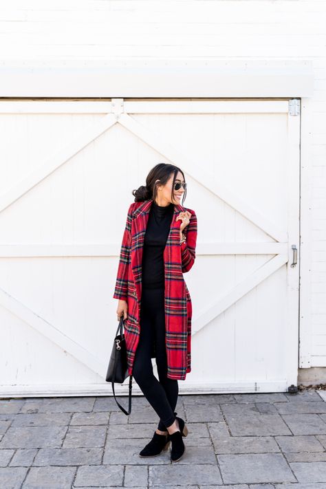 SHeIN fall favorites red holiday plaid tartan coat Scottish long wool  coat black Tory Burch mini tote bag black suede booties, black high  waisted leggings, black turtleneck knit top, winter Christmas fashion,  outfit idea, ootd inspo, inspiration, what to wear casual holiday  season, mom life, mom fashion, affordable clothing, fun trendy wardrobe on a budget Red And Black Shacket Outfit, Tartan Coat Outfit, Red Plaid Coat Outfit, Red Plaid Coat Outfit Winter, Tartan Coat Women, Plaid Coat Outfit, Red Plaid Coat, Plaid Trench Coat, Tartan Coat