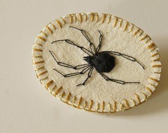 Spider Embroidery, Spider Brooch, Widow Spider, Black Widow Spider, Arachnids, Textile Jewelry, Vintage Linen, Embroidery Inspiration, Gifts For Nature Lovers