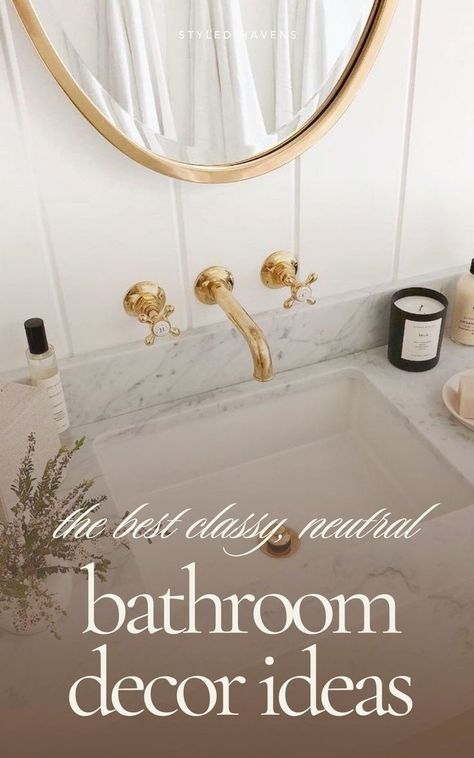 Discover stunning bathroom decoration ideas that transform your space with neutral, minimalist vibes. From simple bathroom decor to modern bathroom design, explore bathroom interior design tips that elevate your bathroom style. Perfect for lovers of neutral bathroom decor and sleek, minimalist aesthetics, our curated bathrooms showcase elegant simplicity. Get inspired by our bathroom decor collection and create a serene retreat with modern bathroom decorations. Aesthetic Half Bathroom, Bathrooms With Gold Accents, Bathroom With Brass Fixtures, Neutral Bathroom Decor Ideas, Anthropologie Bathroom, Organic Bathroom, Tranquil Bathroom, Neutral Bathroom Decor, Holiday Living Room