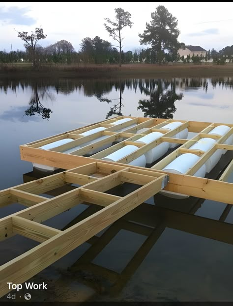 Farm Pond Dock Ideas, Diy Floating Dock, Floating Deck Plans, Pond Dock, Floating Dock Plans, Diy Dock, Building A Dock, Floating Boat Docks, Lake Landscaping