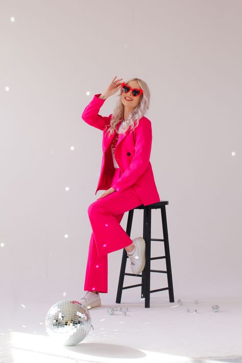 White And Pink Photoshoot, Pink Photoshoot Outfit Ideas, Pink Disco Ball Photoshoot, Neon Sign Photoshoot, Brand Colors Inspiration Pink, Spring Fashion Photoshoot, Pink Disco Photoshoot, Pink Suit Photoshoot, Marketing Agency Branding Photoshoot