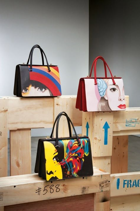 Prada bags. Painted Leather Bag, Painted Handbag, Iphone Bag, Painted Purse, Prada Collection, Handpainted Bags, Painted Bags, W Magazine, Art Bag