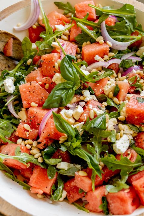 This Watermelon Basil Salad is fresh, light and comes together in less than 15 minutes! It's filled with juicy, sweet watermelon, fresh basil, feta cheese, red onion and dressed with a simple vinaigrette dressing. It's a quintessential summer salad and the perfect addition to any BBQ party or backyard hangout. #watermelonsalad #summersalad #watermelonbasil #basilsalad #15minutesalads #summerbbq #bbqrecipes rn Watermelon Basil Salad, Balsamic Brussels Sprouts, Watermelon Basil, Homemade French Toast, Backyard Hangout, Slow Cooker Breakfast Casserole, Basil Salad, Zucchini Banana Bread, Red Wine Vinaigrette