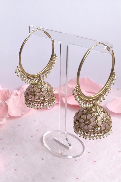 Pink Earrings Indian, Pastel Indian Outfits, February Manifestation, Reception Bride Outfit, Hoop Jhumka Earrings, Pink Jhumka, Hoop Jhumka, Jhumkas Gold, Light Pink Earrings