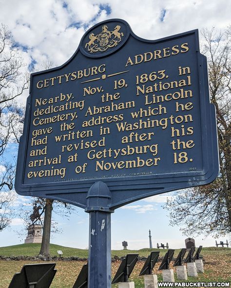 Historical marker at Gettysburg National Cemetery near the spot where President Abraham Lincoln delivered the Gettysburg Address. Abraham Lincoln Gettysburg Address, The Gettysburg Address, Four Score, Mister Ed, Gettysburg Address, New Birth, Water Shoot, Battle Of Gettysburg, Military Branches