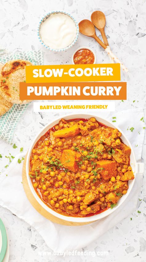 Slow Cooker Pumpkin Curry for Baby Led Weaning! Easy and healthy vegan recipe that serves the whole family! Set it and forget it in your crockpot / slow cooker and come home to a healthy dinner! #vegan #dairyfree #vegetarian #eggfree #babyledweaning Healthy Dinner Vegan, Curry Pumpkin, Blw Recipes, Crockpot Slow Cooker, Vegan Slow Cooker Recipes, Kid Meals, Vegan Slow Cooker, Dinner Vegan, Pumpkin Curry