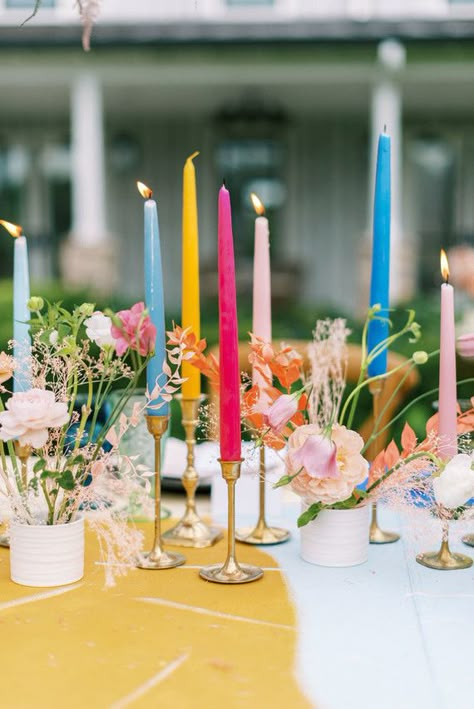 Colour Pop Wedding, Colourful Candles Wedding, Wildflower Wedding Color Schemes, Wildflower Wedding Theme Table Settings, Wildflower Wedding Colors, Colorful Wedding Table Settings, Pop Of Color Wedding, Colourful Wedding Cake, Wedding Cake Colorful