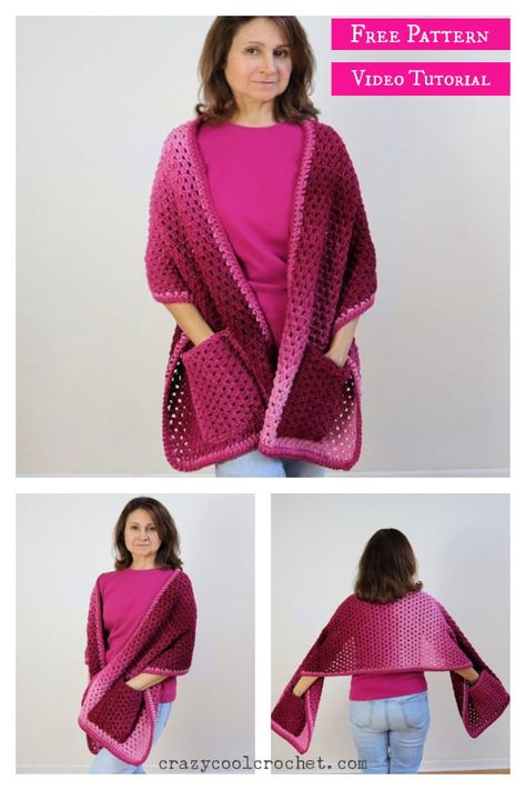 Pocket Shawl for Beginners Free Crochet Pattern and Video Tutorial Crochet Pocket Shawls, Waffle Pillow, Hooded Scarf With Pockets, Crochet Pocket Shawl, Scarf With Pockets, Fall Poncho, Summer Poncho, Poncho Au Crochet, Purple Shawl