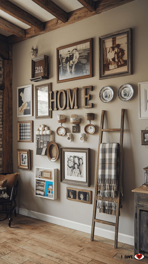 Farmhouse decor has become a beloved style that combines rustic charm with modern simplicity, offering a warm and inviting atmosphere. Rustic Photo Wall Ideas, Vintage Sign Decor, Diy Industrial Farmhouse Decor, Rustic Collage Wall Ideas, Diy Farmhouse Home Decor, Modern Farmhouse Wall Decor Living Room, Old Farmhouse Decorating Ideas, Rustic Gallery Wall Ideas, Vintage Rustic Home Decor