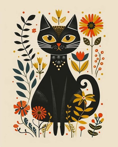 Download free HD stock image of Ai Generated Animal Illustration Chat, Folk Cat, Cats With Flowers, Folksy Art, Nordic Folk Art, Baby Pineapple, Hippy Art, Folk Art Cat, Pop Art Cat