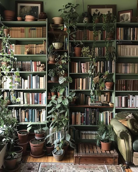 Homemade Library Bookshelves, Hobbit Bookshelf, Beautiful Libraries Around The Worlds, Green Academia Room, Book Shelving Ideas, Dark Green Bookcase, Bookshelf Living Room Ideas, Bookshelf With Plants, Plant Bookshelf