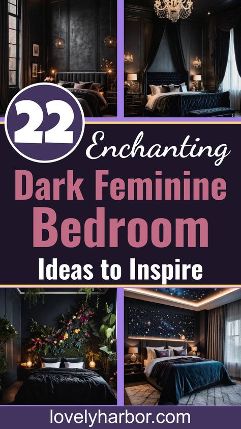 22 Enchanting Dark Feminine Bedroom Ideas To Inspire You Moody Bedrooms Jewel Tones, Bedroom Decor Feminine, Light Romantic Bedroom, Dark Blue Bedroom Design, Dark Navy Bedroom Ideas, Dark Moody Feminine Bedroom, Mauve And Black Bedroom, Dark Plum Bedroom, Dark Feminine Aesthetic Bedroom