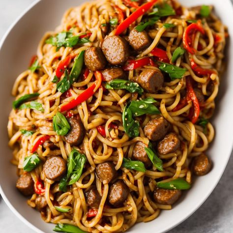 How To Make Sausage & Noodle Stir-Fry Print Cheap, versatile, and tasty, sausages are the one ingredient that will keep you satisfi Sausage Noodles Recipes, Italian Sausage Stir Fry, Sausage Stir Fry Recipes, Fry Ideas, Sausage Noodles, Farmer Sausage, Sausage Stir Fry, Fried Spaghetti, Geo Board