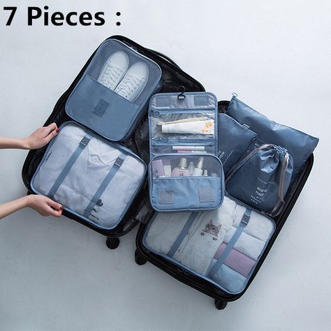 Kawaii Blue Travel Bag, Modern Blue Travel Bag For On-the-go, Blue Large Capacity Travel Accessories For On-the-go, Blue Versatile Travel Accessories For On-the-go, Large Capacity Blue Travel Bag For On-the-go, Packing Hacks Clothes, Packing Bags Travel, Travel Bag Set, Suitcase Organization