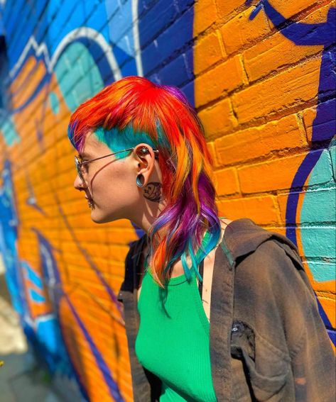 Vibrant Personality, Colorful Mullet Women, Vivid Mullet, Colourful Mullet, Rainbow Mullet, Vivid Color Mullet, Punk Hair Color, Rainbow Color Blocking Hair, Cool Toned Rainbow Hair