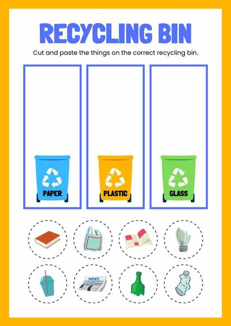 Recycling Bins English Cut And Paste Worksheet Earth Week Preschool, Recycle Preschool, Recycling Activities For Kids, Recycling Lessons, Recycling For Kids, Recycling Activities, Preschool Activities Printable, English Cut, Kindergarten Freebies