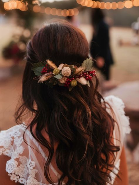 29 Ideas for Fall Wedding Hairstyles 2024: Stunning Updos, Half-Up Styles, and Simple Looks for Brides Wedding Hairstyles Fall, Fall Wedding Hairstyles For Bride, Fall Wedding Hair For Bride, Earthy Hairstyles, Earthy Flowers, Fall Wedding Hair, Fall Haircut, Winter Wedding Hair, Fall Wedding Hairstyles