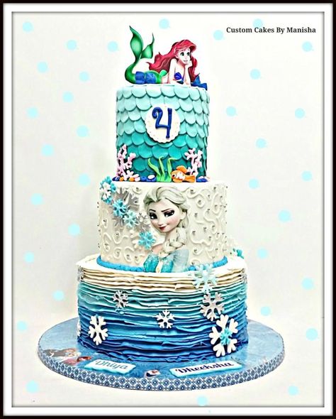 Frozen and mermaid theme Cake! - Cake by Custom Cakes By Manisha Elsa Mermaid Cake, Mermaid Theme Cake, Elsa Mermaid, Frozen Mermaid, Card Puns, Barbie Dress Cake, Elsa Birthday Cake, Disney Princess Birthday Cakes, Birthday Card Puns