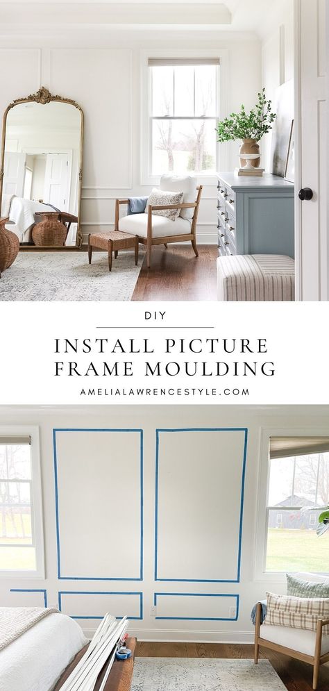 Picture Frame Entry Way, Trim On Living Room Walls, Diy Wall Moulding Bedroom, Picture Frame Wainscoting Wall, Wainscoting Picture Wall, Picture Molding On Walls With Windows, Picture Frames Molding On The Wall, Picture Frame Molding Wood Trim, Picture Frame Trim Bedroom