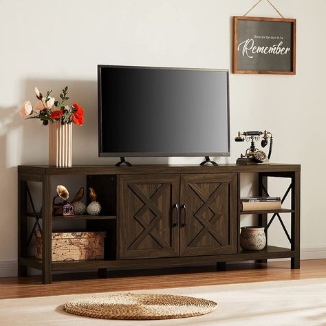 The TV stand is made of high-grade MDF+PB engineered wood. The design of the iron-wood combination makes this 65-inch TV cabinet more sturdy and durable. The top load-bearing capacity of the TV cabinet is: 299 pounds , of course you need to know what the shelf load of this farmhouse TV stand is: 110 pounds, excellent console and sturdy construction plus enough load for your needs, this is a very practical living room TV entertainment center. Farmhouse Style Tv Stand, Tv Console Cabinet, Barn Door Tv Stand, Long Console, Wood Entertainment Center, Wood Tv Console, Tv Stand Decor, Hallway Mirror, Media Console Table