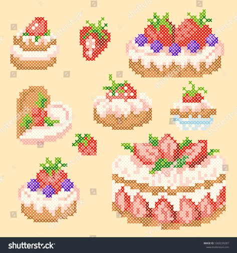 Cake Cross Stitch, Melty Bead Designs, Cross Stitch Beginner, Cross Stitch Geometric, Small Cross Stitch, Crochet Design Pattern, Mini Cross Stitch, Pixel Pattern, Strawberry Desserts