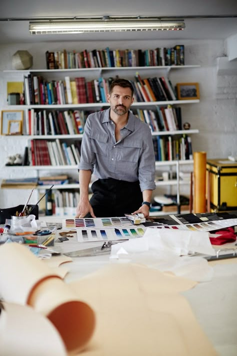 Meet Patrick Grant, the man at the forefront of fashion | British GQ | British GQ Mens Fashion Office, Patrick Grant, Business Man Photography, Gray Coat, Corporate Portrait, Environmental Portraits, Man Office, Business Photoshoot, Best Dressed Man