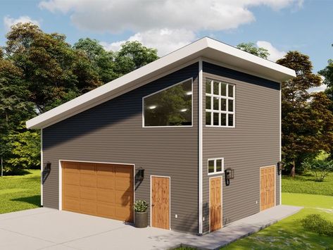 Two-Car Garage Plan, 065G-0053 20x20 Garage With Loft, Detached Modern Garage, Single Slope Garage, New Garage Ideas Building, Storage Building Ideas, Small Workshop Ideas, Garage Loft Ideas, Garage Adu, Garage With Loft