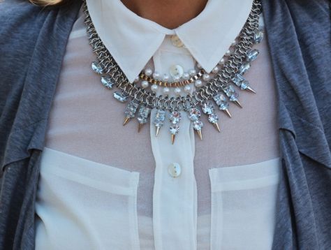 necklace with collared shirt | How To Wear: Necklaces with Collared Shirts | Style by Stef Orange Anarkali, Necklace Styling, School Look, Necklace Outfit, Fall Layering, Classic White Shirt, Formal Office, Amrita Singh, Necklace Collar