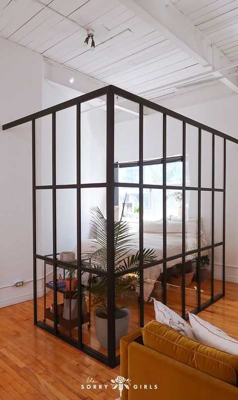 Industrial Room Divider, Room Divider Ideas Diy, Studio Apartment Room Divider, Divider Studio Apartment, Room Partition Wall, Industrial Room, Glass Room Divider, Industrial Home Design, Diy Room Divider