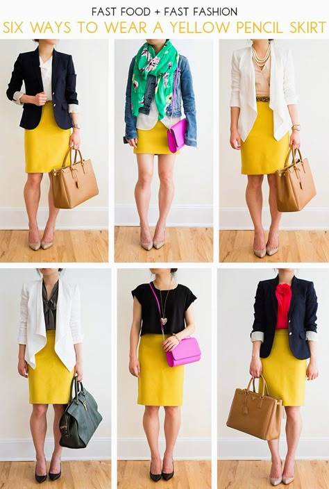 Curvy, Petite Outfit Ideas | Professional and Casual-Chic Outfit Inspiration | Ways to Wear a Yellow Skirt Yellow Skirt Fall, Yellow Skirt Outfits, Look Working Girl, Yellow Pencil Skirt, Yellow Pencil, Fall Fashion Skirts, Style Désinvolte Chic, Casual Chic Outfits, 30 Outfits