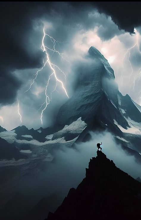 Lone Climber Braves Lightning Storm for Summit Triumph. Storm Mountain, Storm Lightning, Thunderstorm Clouds, Anime Inspiration, Writing Projects, Storm Photography, Book Fanart, Lightning Storm, Mountain Photography