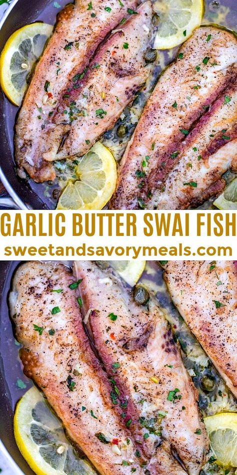 Baked Swai Fish Recipes Ovens, Yummy Winter Meals, Baked Rockfish Recipes, Swai Fish Recipes, Swai Recipes, Baked Swai, Lemon Butter Garlic Sauce, Rockfish Recipes, Butter Garlic Sauce