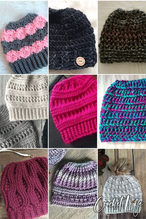 Always a fast and fun crochet project and perfect for anyone with a ponytail, these are the best beautiful messy bun hat crochet patterns! Beanie With Ponytail Hole Free Pattern, Crochet Beanie Ponytail Hole Pattern, Free Crochet Ponytail Beanie, Messy Bun Crochet Hat Pattern Free Easy, Crochet Beanie With Ponytail Hole, Ponytail Crochet Hat Pattern Free, Crochet Bun Beanie Free Pattern, Messy Bun Crochet Hat Pattern Free With Hair Tie, Crochet Ponytail Hat Pattern Free Easy