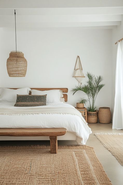 Minimalist bedroom with wooden bed, white linens, woven decor, and potted plant. Beach Minimalist Bedroom, Coastal Studio Apartment Ideas, Saudi House, California Coastal Bedroom, Coastal Scandinavian Style, Beachy Apartment, Boho Bedroom Inspirations, Rattan Bedroom, Boho Bedroom Decor Ideas