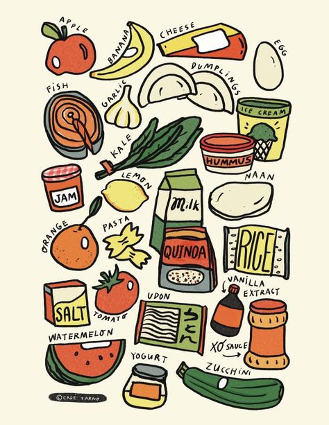 Illustrated poster featuring 26 common grocery store items. Hand drawn. Kitchen Art Prints Free Printables, Abc Wall Art, Grocery Store Items, Abc Wall, Illustrated Poster, Grocery Store Design, Food Wall Art, Bag Illustration, Apples And Cheese