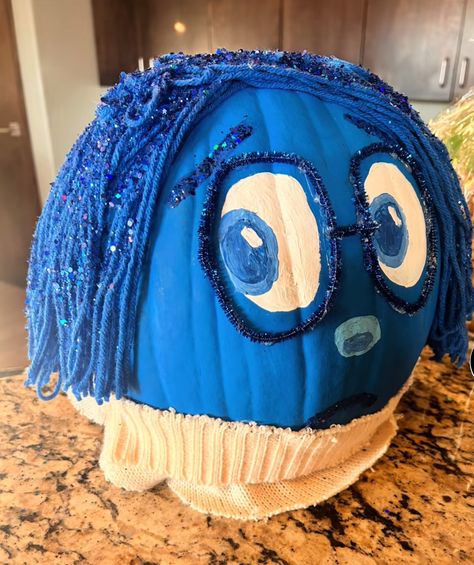 Bluey Character Pumpkins, Pumpkin Decorating Ideas Bluey, Blue Pumpkin Painting Ideas, Inside Out Pumpkin Decorating, Bluey Pumpkin Painting, Inside Out Painted Pumpkins, Decorating Pumpkins Like Book Characters, Inside Out Pumpkin, Disguise A Pumpkin