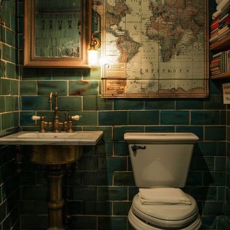 Design your room and acquire a character analysis - Personality Quiz Dark Green Gold Bathroom, Gothic Cabin, Academia Bathroom, Dark Academia Interior Design, Dark Academia Bathroom, Gilded Vintage, Minimalist Dark Academia, Dark Academia Kitchen, Tropical Goth