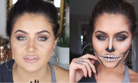 11 Halloween Makeup Tutorials Using Drugstore Products For An Affordable Halloween Look Easy Skeleton Makeup, Skeleton Makeup Tutorial, Halloween Skeleton Makeup, Halloween Makeup Tutorials, Halloween Makeup Artist, Skull Makeup Tutorial, Jamie Genevieve, Halloween Makeup Witch, Scarecrow Makeup