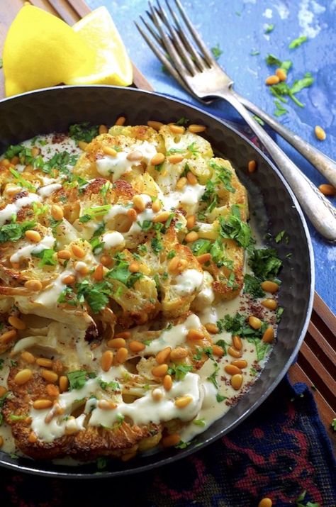 Roasted Cauliflower Steak with Tahini & Pine Nuts Cauliflower With Tahini, Cauliflower Steaks Recipes, Pine Nut Recipes, Cauliflower Steak, Roasted Cauliflower Steaks, Grilled Cauliflower, Cauliflower Pasta, Baked Steak, Cauliflower Fritters