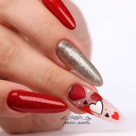 Heart Nail Designs, Valentine Nail Art, February Nails, Nail Designs Valentines, New Year's Nails, Heart Nails, Manicure E Pedicure, Valentine's Day Nails, Nail Shapes