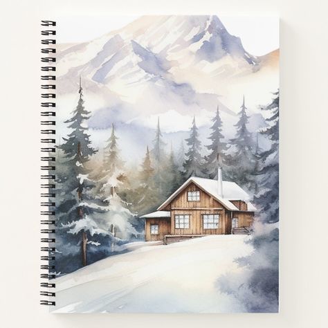 Log Cabin Watercolor, Rustic Mountain Cabin, Cabin In The Mountains, Craft Things, School Stationery, Mountain Cabin, Cabins In The Woods, Cabin Homes, Christmas Watercolor